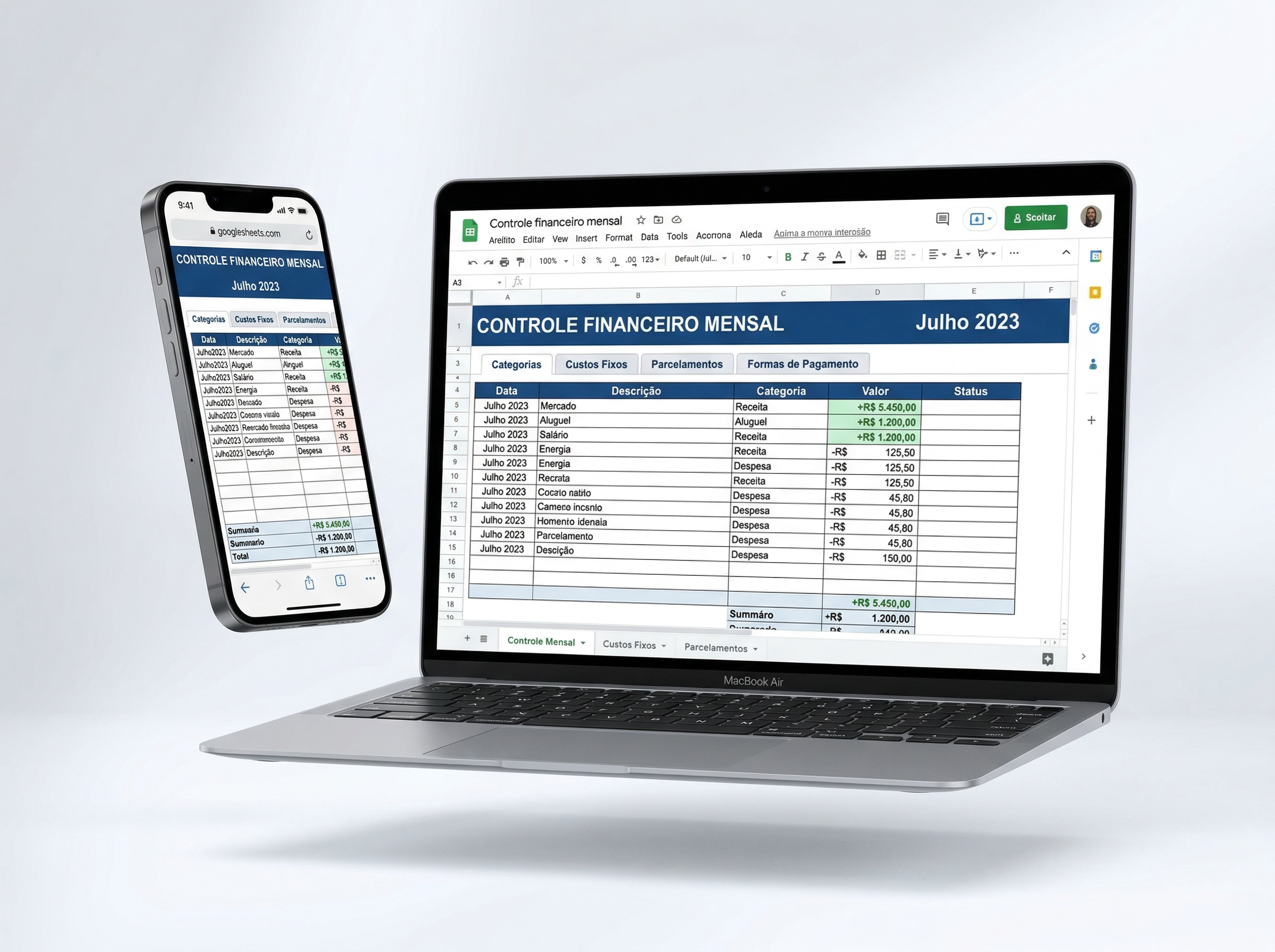 Mockup da planilha de controle financeiro em smartphone e laptop